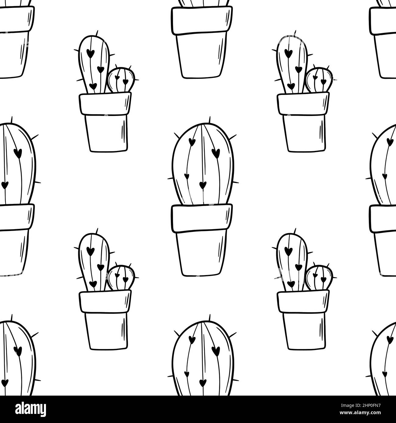 Doodle nero contorno cactus senza cuciture pattern. Impianto domestico. Schizzo di inchiostro. Illustrazione Vettoriale