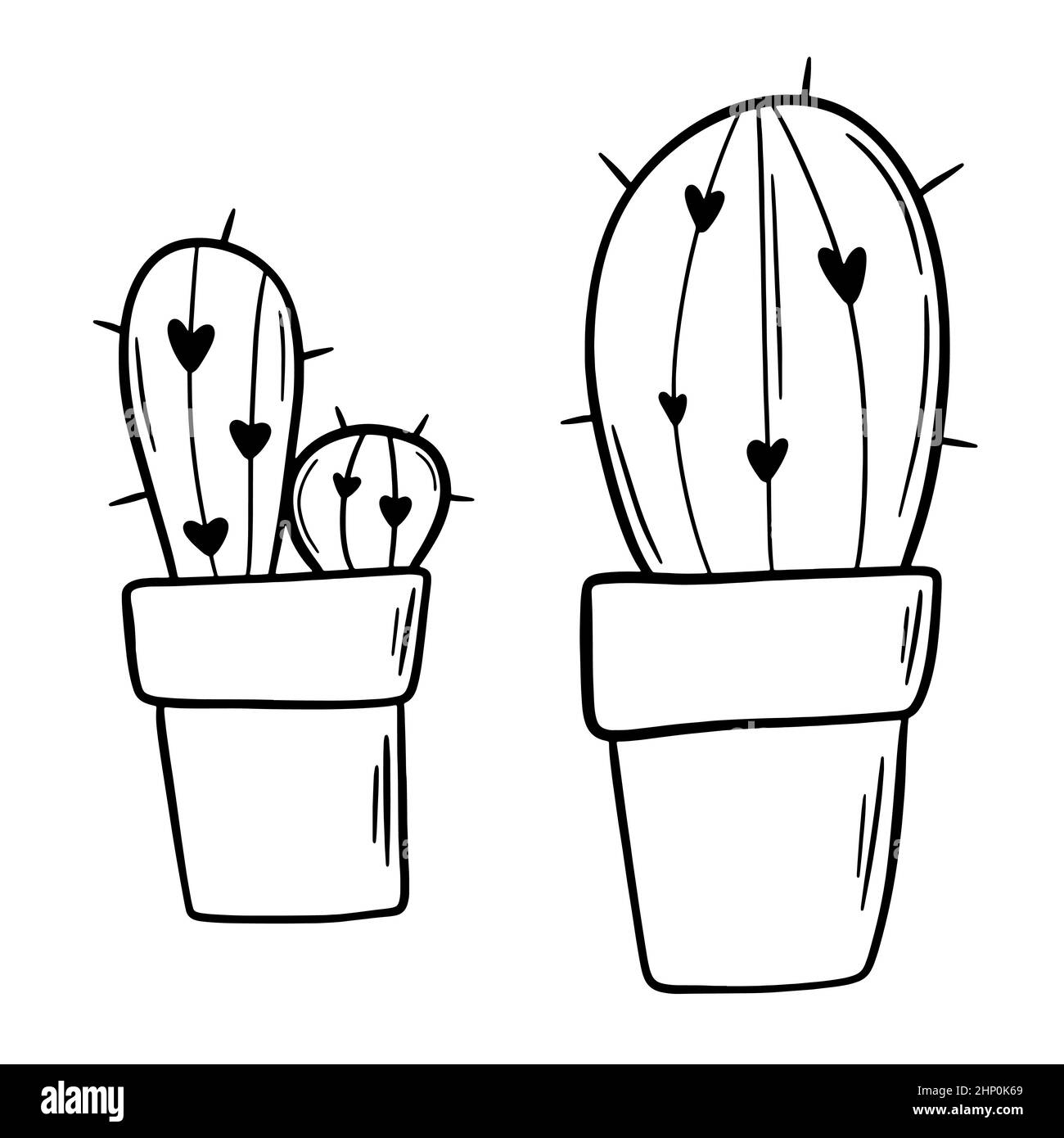 Doodle nero contorno cactus set. Impianto domestico. Schizzo di inchiostro. Illustrazione Vettoriale