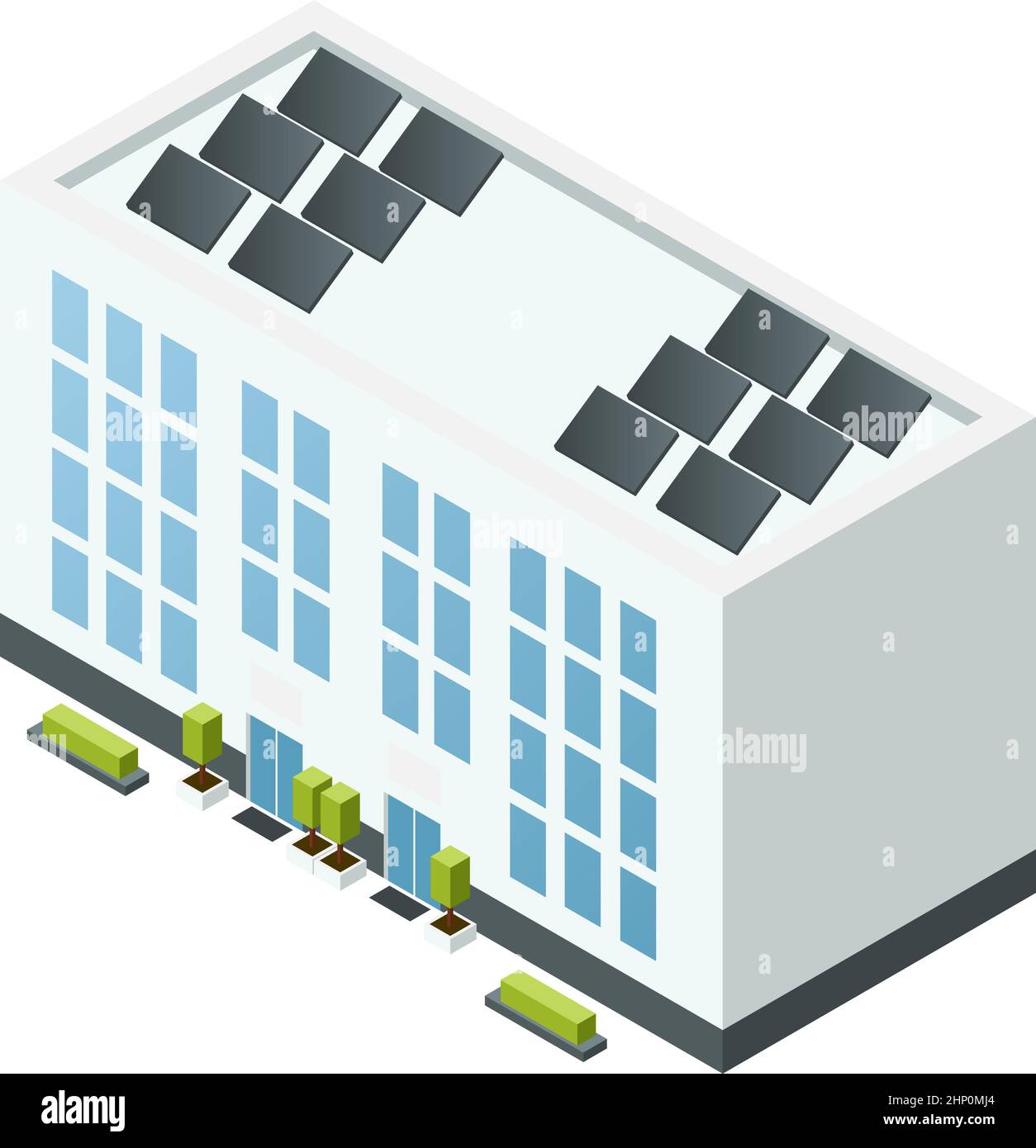 Edificio isometrico con pannelli solari sul tetto. Eco verde città Illustrazione Vettoriale