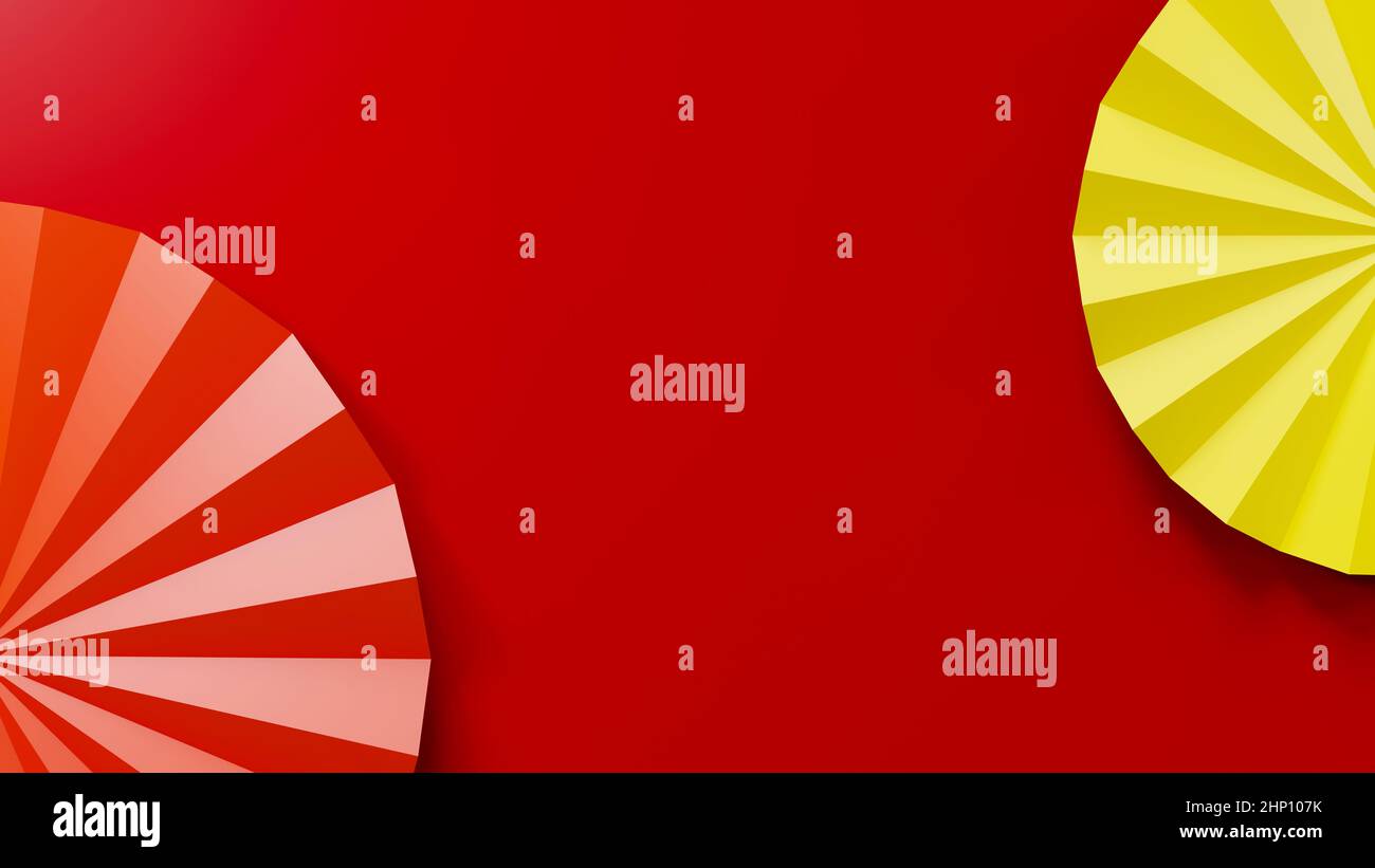 Felice concetto cinese di nuovo anno. Ventola pieghevole cinese rossa e gialla isolata su sfondo rosso, icone per il web design, illustrazione di rendering 3D Foto Stock