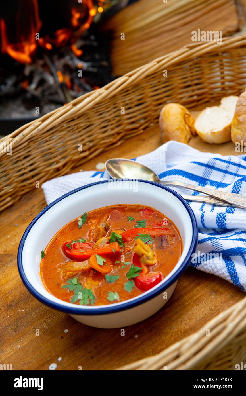 Il goulash del bollitore è preparato sopra un fuoco aperto! Foto Stock