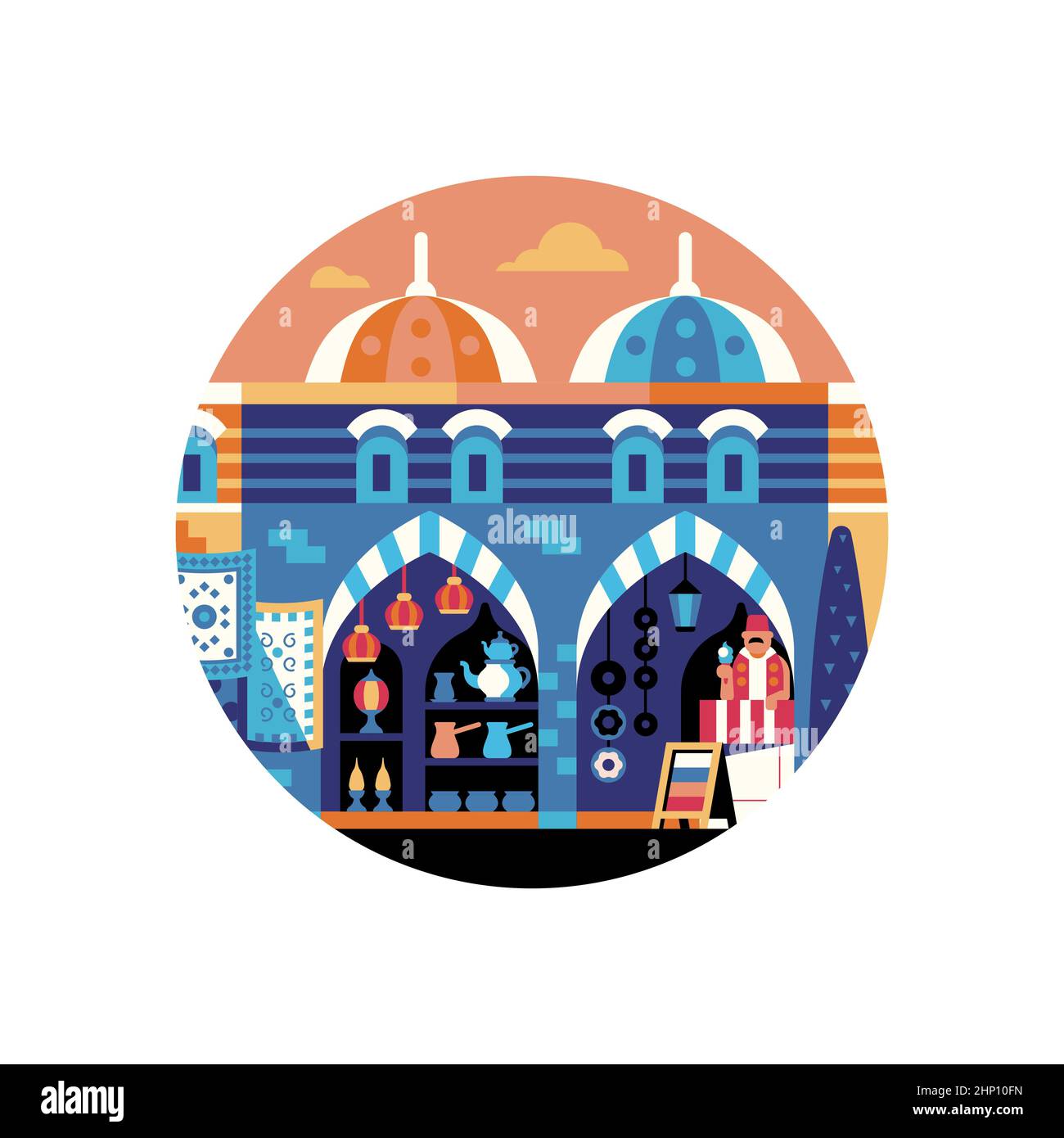 Istanbul Egitto Bazaar icona di viaggio in cerchio Illustrazione Vettoriale