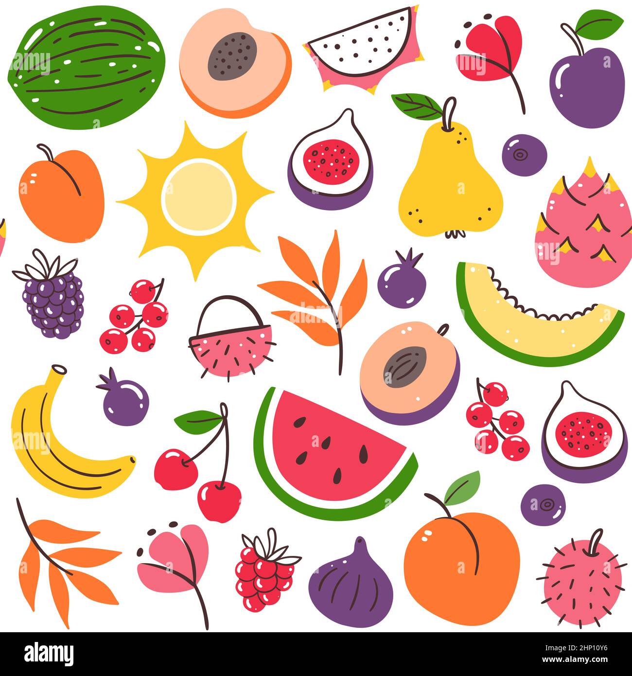 Variopinti frutti di stagione estivi dal motivo senza cuciture. Frutta isolata su sfondo bianco. Illustrazione vettoriale. Illustrazione Vettoriale