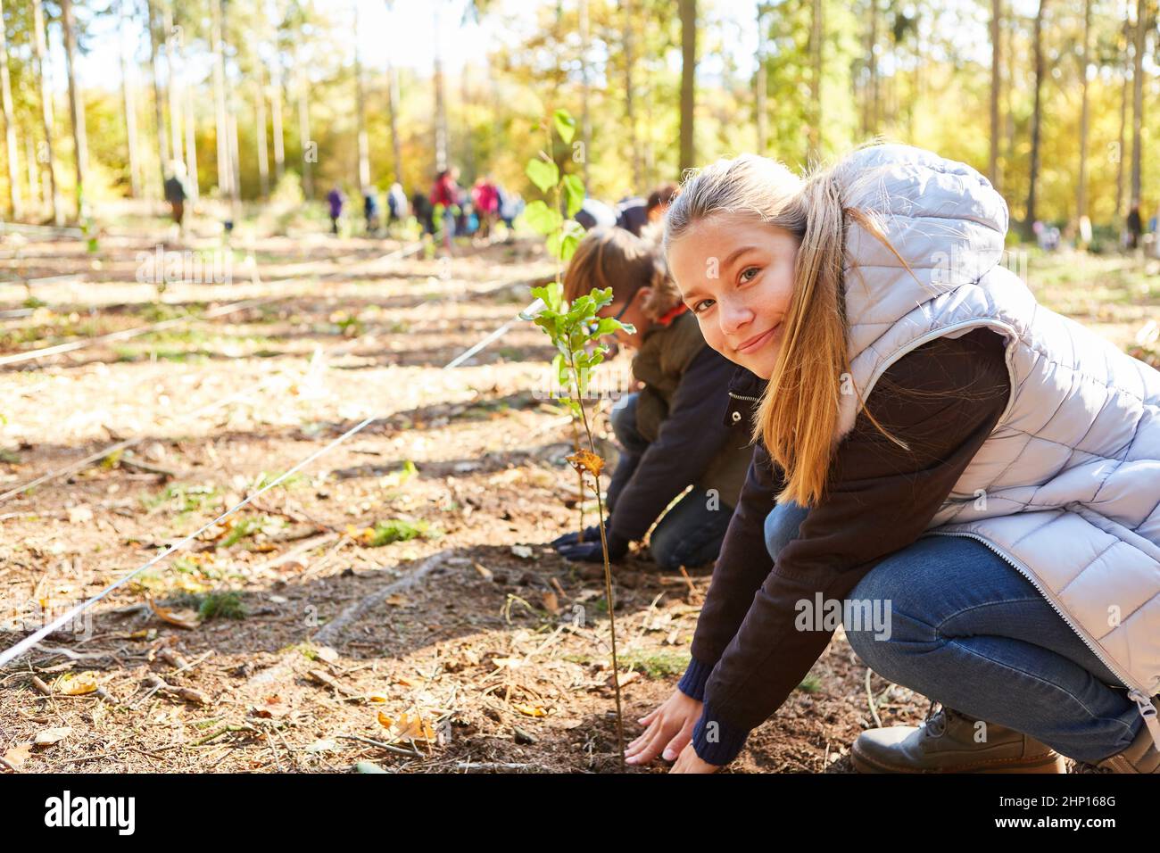 Gruppo di bambini in una classe scolastica piantando alberi nella foresta per il rimboschimento e la conservazione della natura Foto Stock