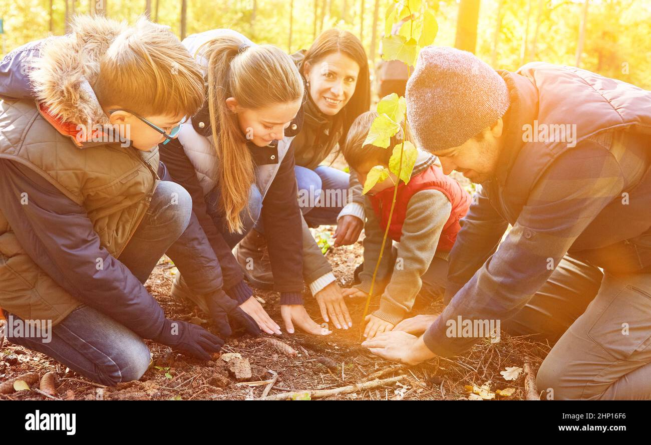Famiglia con bambini che piantano alberi nella foresta come contributo alla sostenibilità e l'educazione alla natura Foto Stock