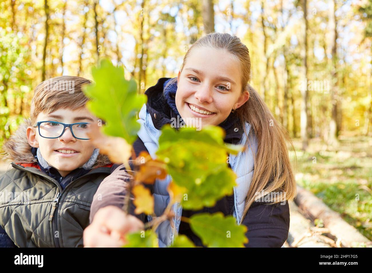 Happy Forest day-care centro bambini con una foglia dalla quercia imparare la scienza degli alberi in educazione forestale Foto Stock