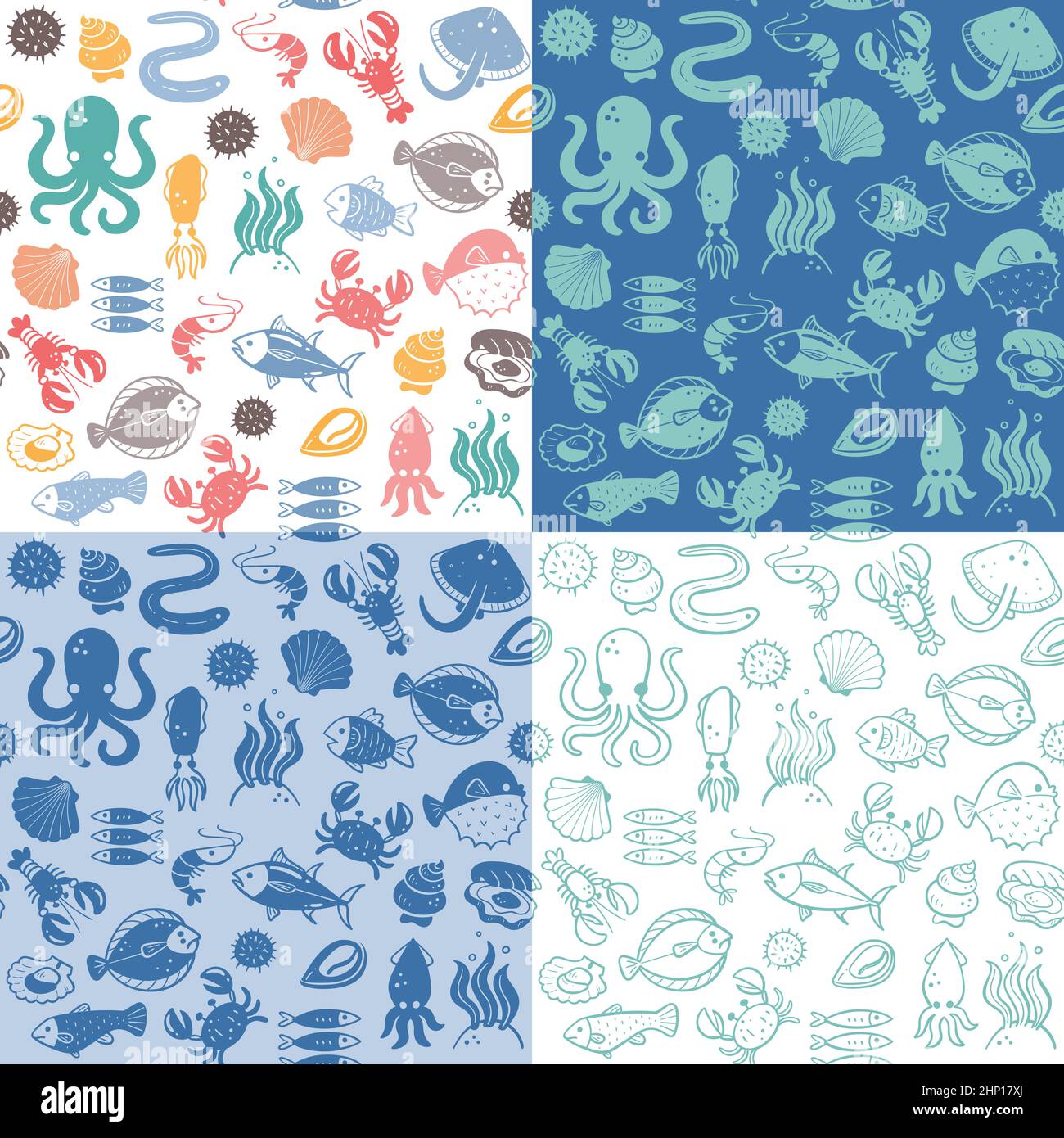 Seafood Seamless pattern Collection. Pesce, alghe e crostacei. Ingredienti per cucinare illustrazione. Silhouette colorate monocromatiche e dood Illustrazione Vettoriale