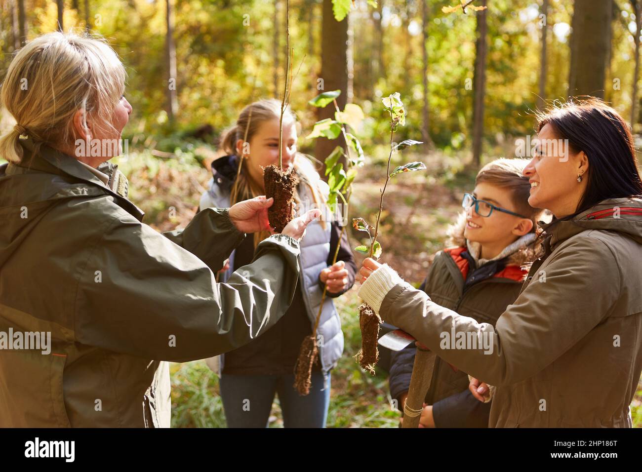 Famiglia con bambini che studiano alberi nella foresta con piante albero clima per rimboschimento Foto Stock