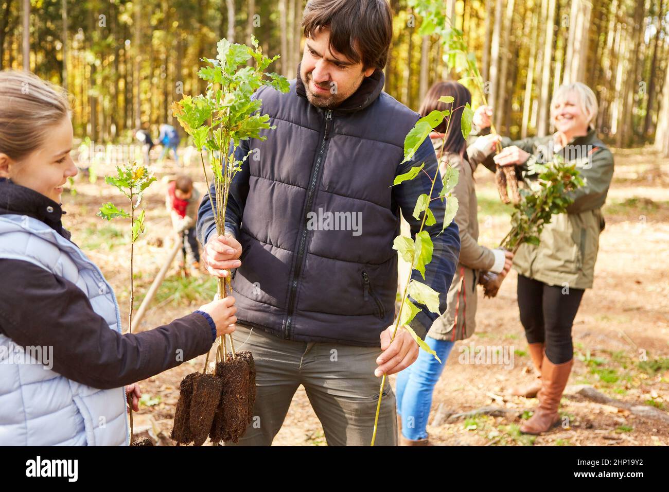 Foresteria e bambino con piantine per rimboschimento nella foresta per la protezione del clima e la sostenibilità Foto Stock