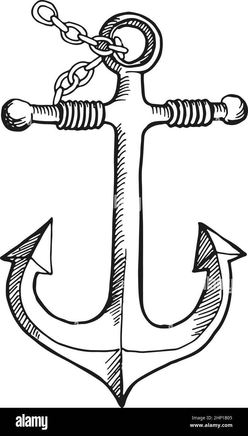 Ancoraggio su schizzo a catena. Dispositivo per navi in metallo. Simbolo nautico Illustrazione Vettoriale