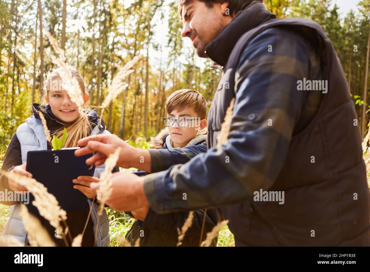 Bambini e rangers foresta nella foresta nella determinazione degli alberi in lezioni di storia naturale Foto Stock