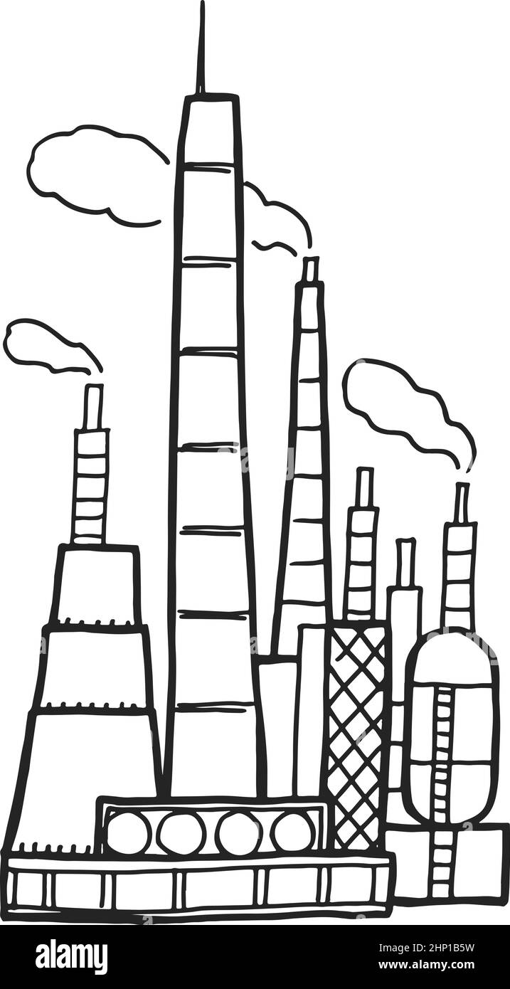 Icona di fabbrica. Edificio industriale disegnato a mano con fumo da tubi Illustrazione Vettoriale