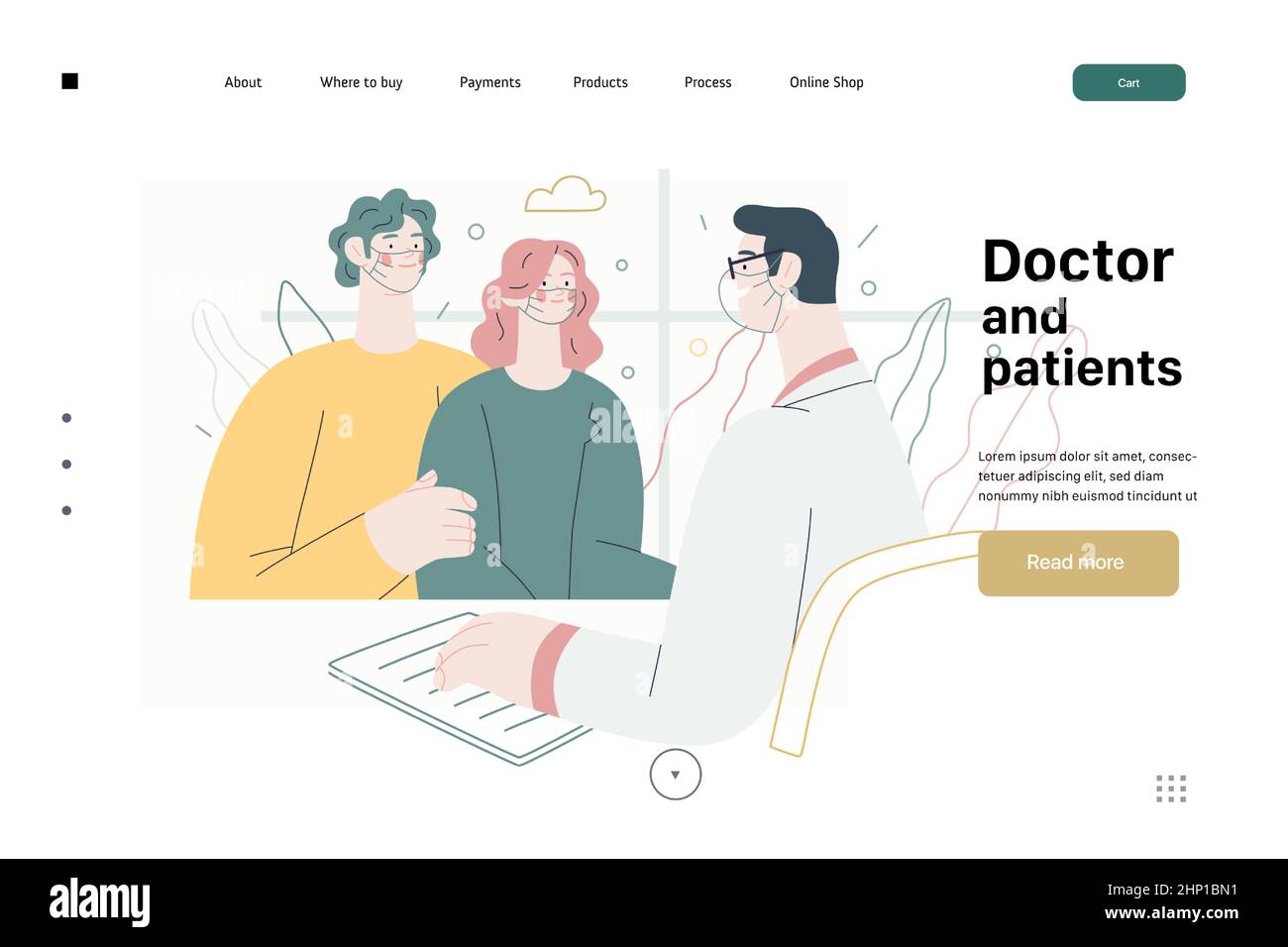 Medico e pazienti - modello web di assicurazione medica - disegno digitale moderno flat vettoriale concetto. Un medico di famiglia maschile sta parlando amichevole con una giovane coppia, in ufficio medico Illustrazione Vettoriale