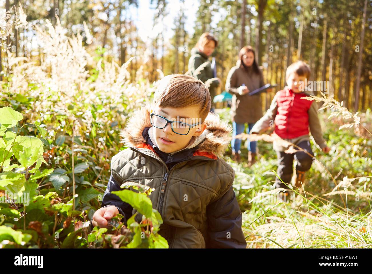 Ragazzo curiosamente guarda le piante nella foresta in un tour della foresta con la famiglia in background Foto Stock