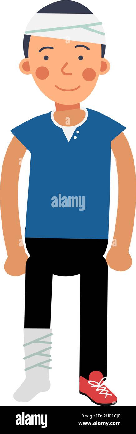 Uomo ferito con fasciatura della testa e gesso colato sulla gamba Illustrazione Vettoriale