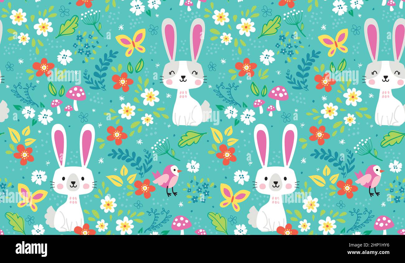 Sweet Bunny Meadow Seamless Vector Pattern Illustrazione Vettoriale