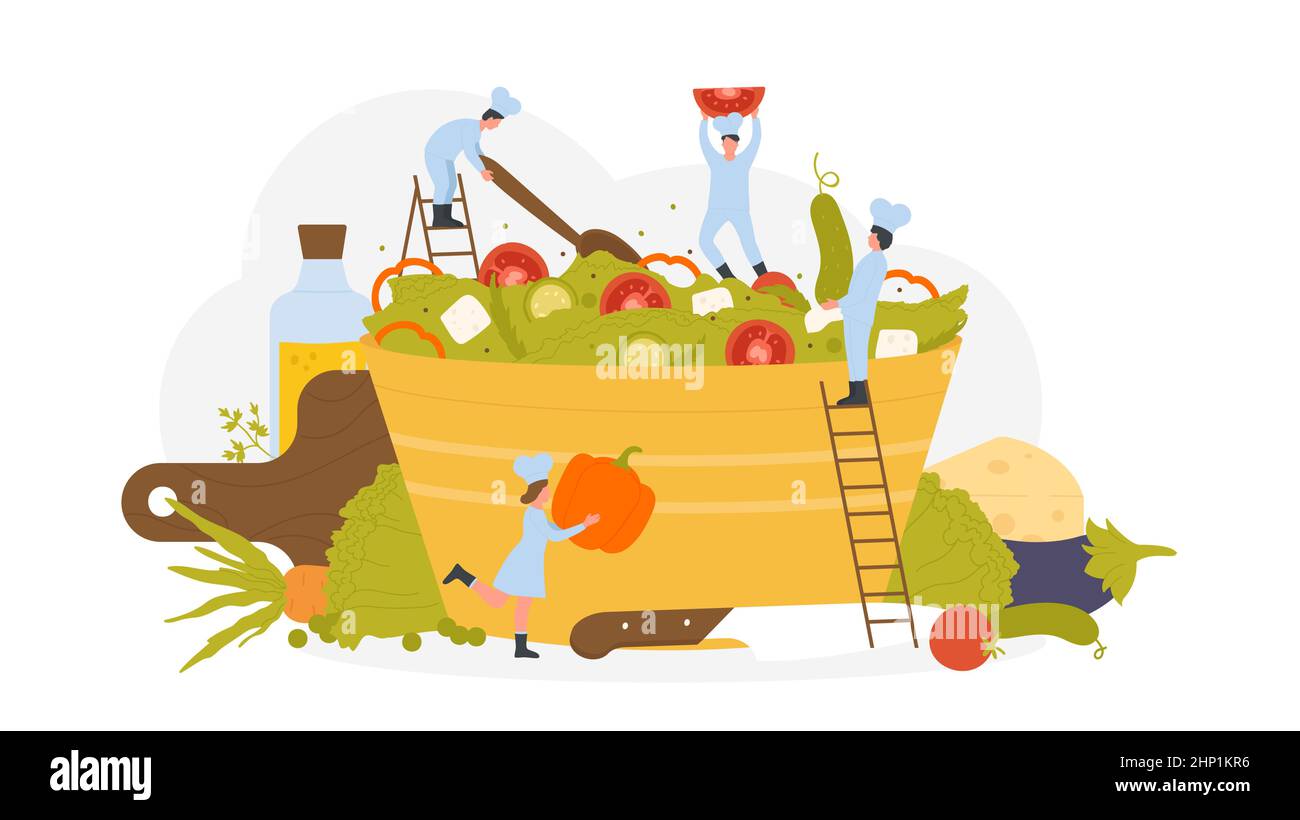 Stile di vita sano e cucina ricette dieta mediterranea. Un gruppo di piccoli chef cucinano insalata con verdure, lattuga e formaggio feta a pranzo o a cena, p. Illustrazione Vettoriale
