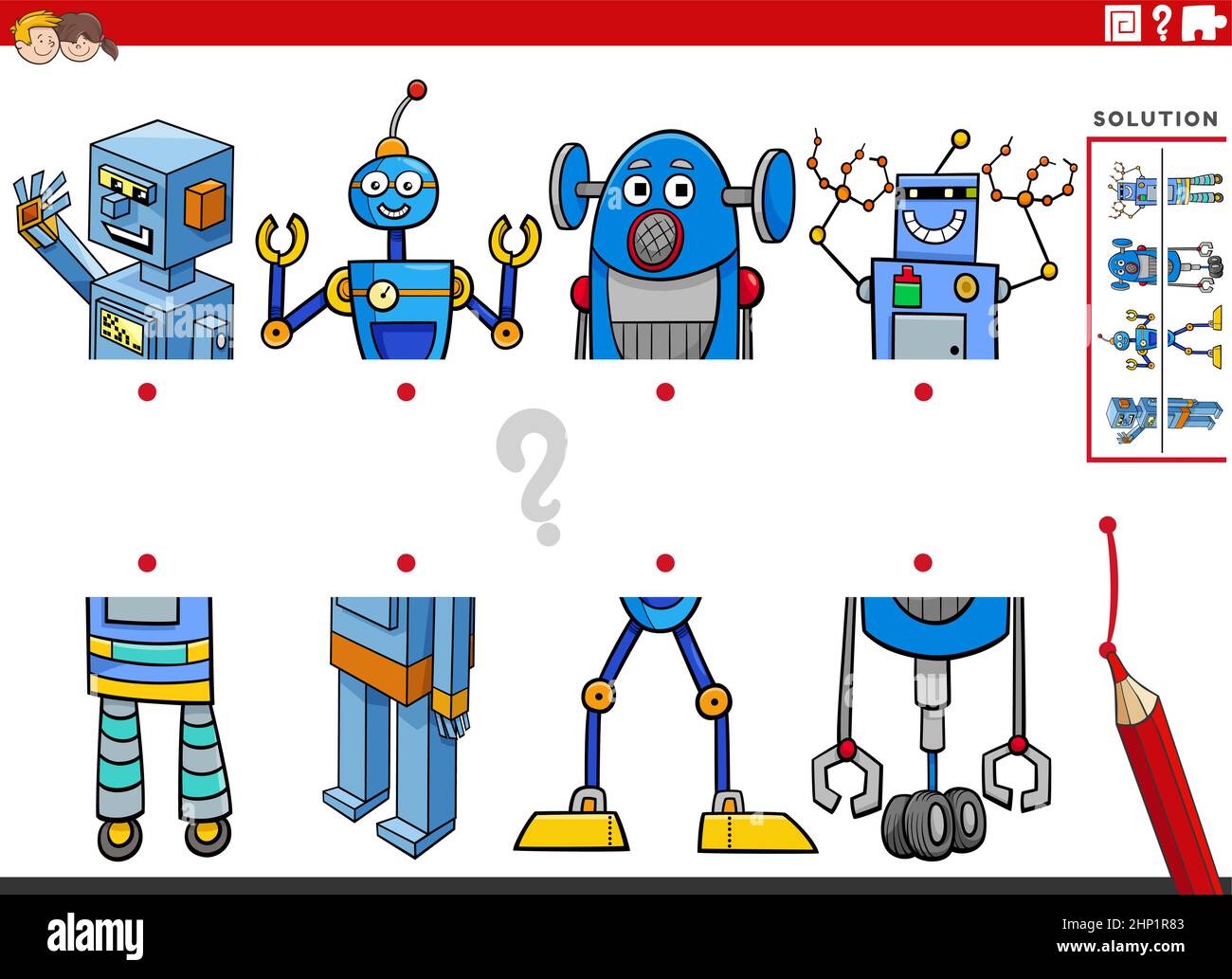 Illustrazione del cartone animato del compito educativo di abbinare metà delle immagini con i caratteri comic del robot Illustrazione Vettoriale