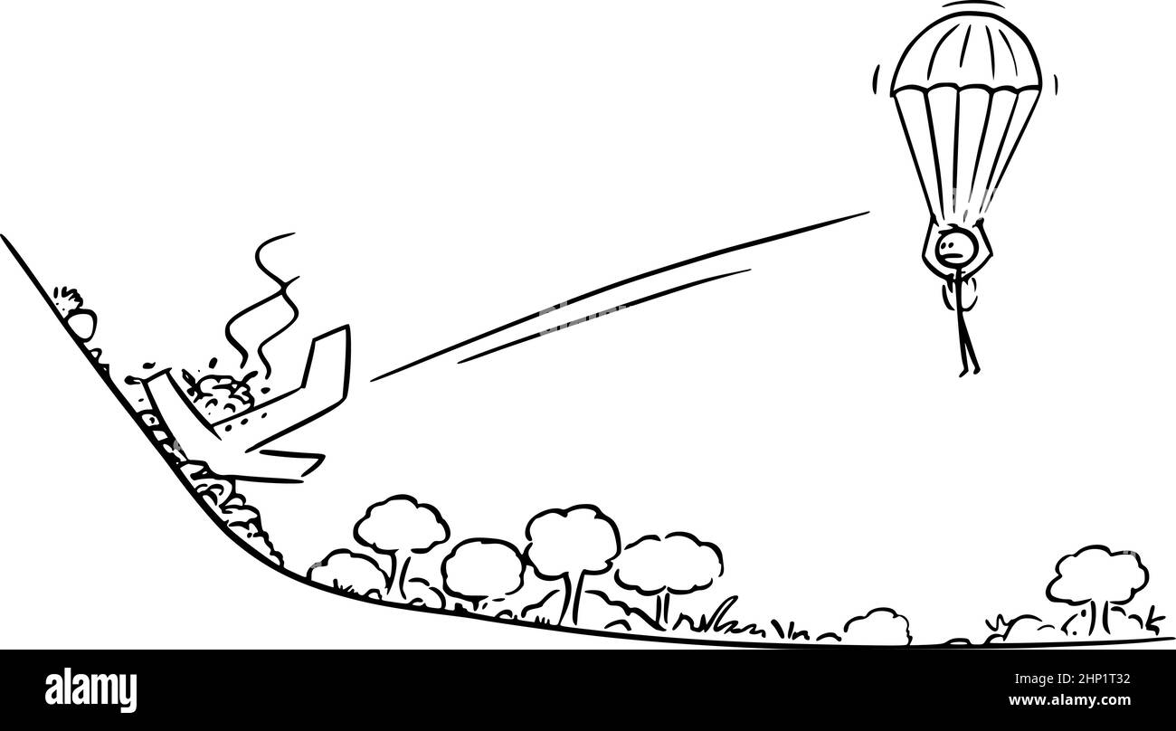 Aereo si è schiantato in caso di incidente, pilota paracadutato, Vector Cartoon Stick Illustrazione Illustrazione Vettoriale