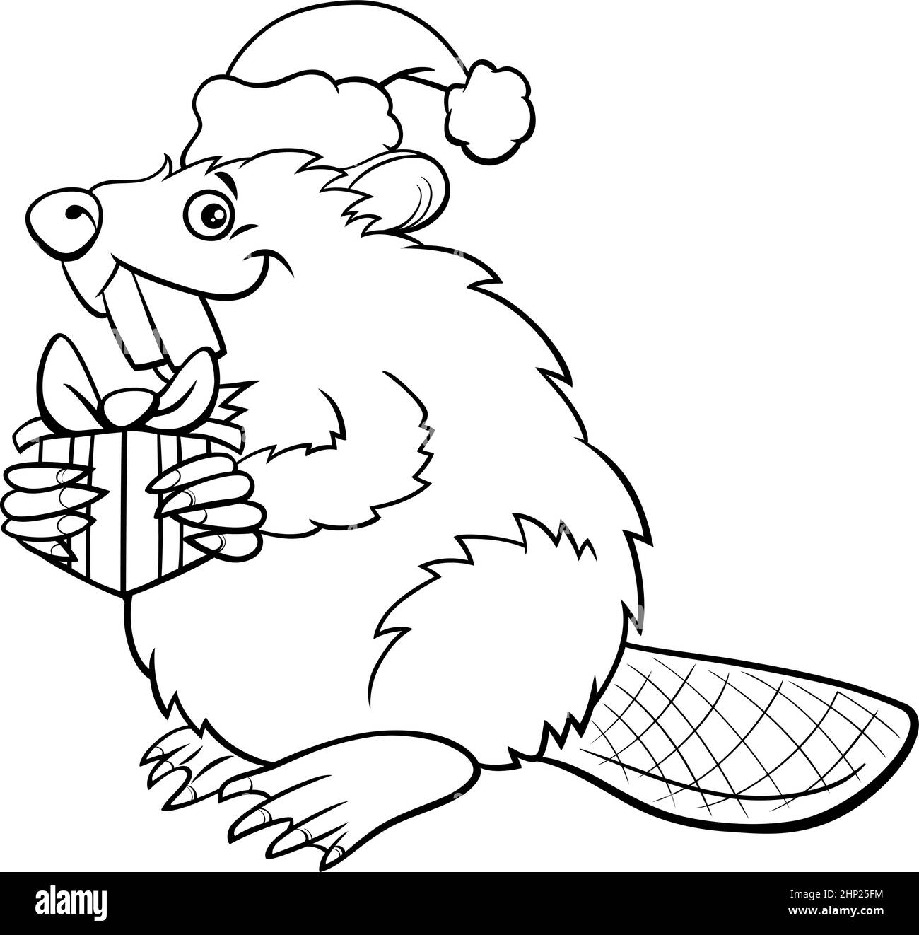 Cartoon Beaver on Natale tempo colorare pagina libro Illustrazione Vettoriale