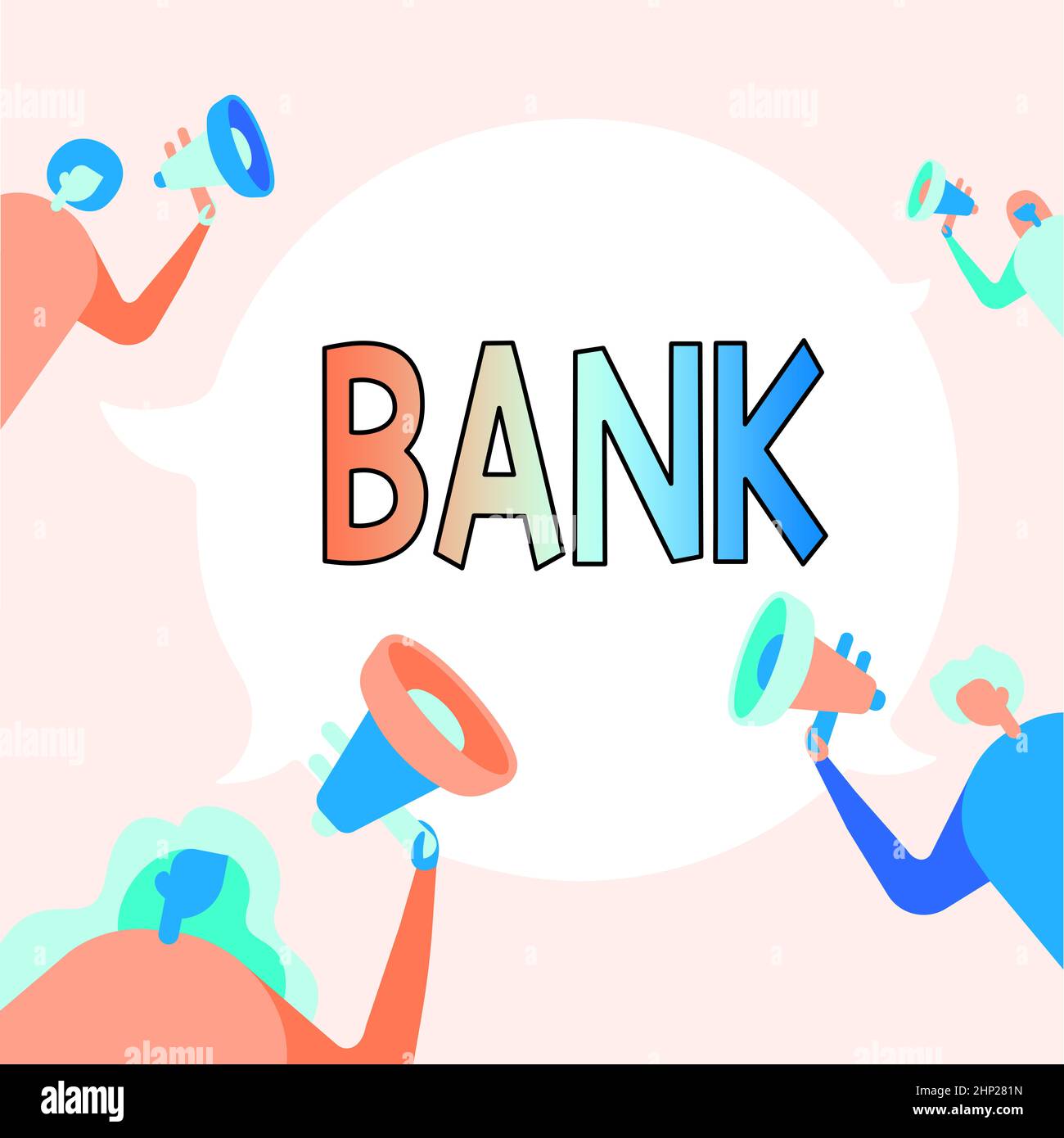 Conceptual display Bank, Conceptual photo un'organizzazione in cui mostrare e le aziende possono investire in prestito denaro persone che disegnano Holding i loro megafoni Foto Stock