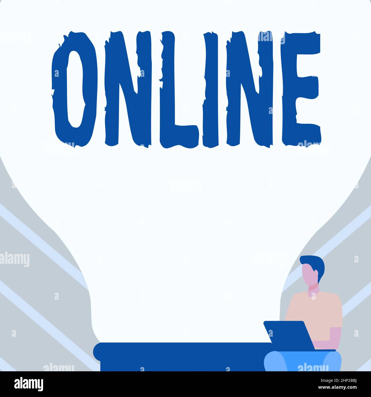 Testo che mostra l'ispirazione Online, Internet Concept il computer o dispositivo collegato a una rete e pronto per l'uso Gentleman seduta e utilizzando laptop BE Foto Stock