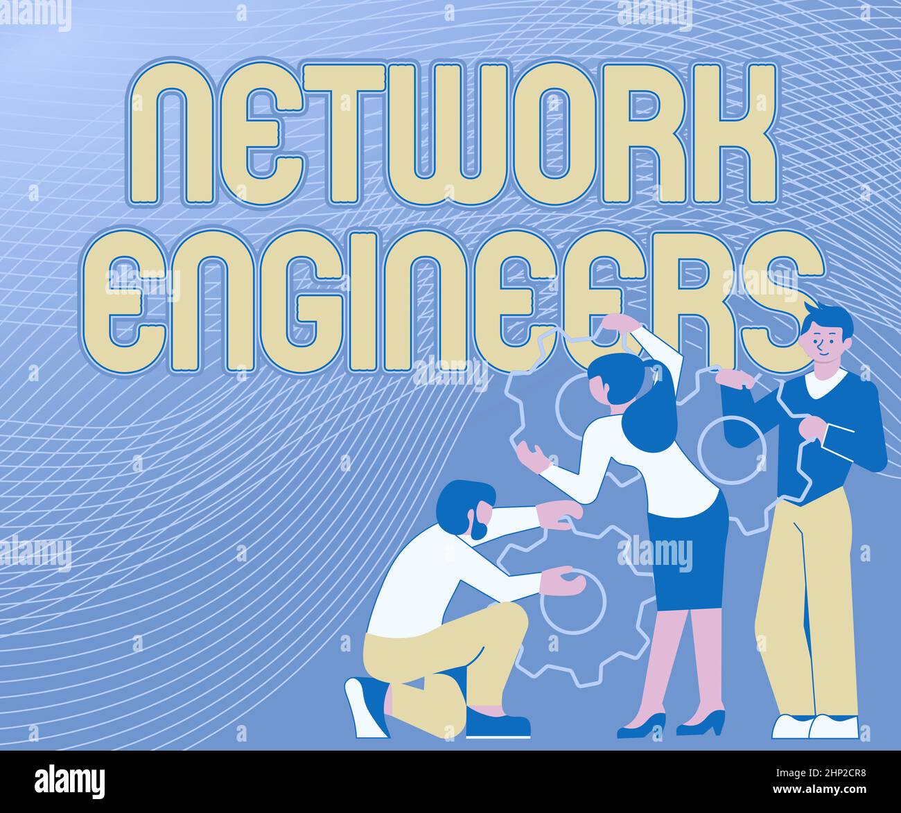 Visualizzazione concettuale Network Engineers, parola scritta su tecnico professionista specializzato in sistemi informatici Illustrazione di un gruppo di mantenimento Spur Gear Hel Foto Stock