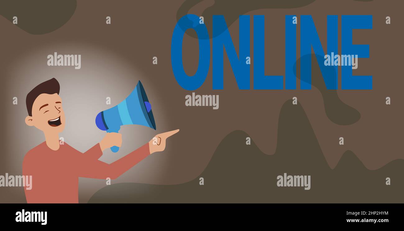 Cartello di testo che mostra Online, Business Approach il computer o dispositivo connesso a una rete e pronto per l'uso Man Drawing Pointing Away Holding Megaphone Foto Stock