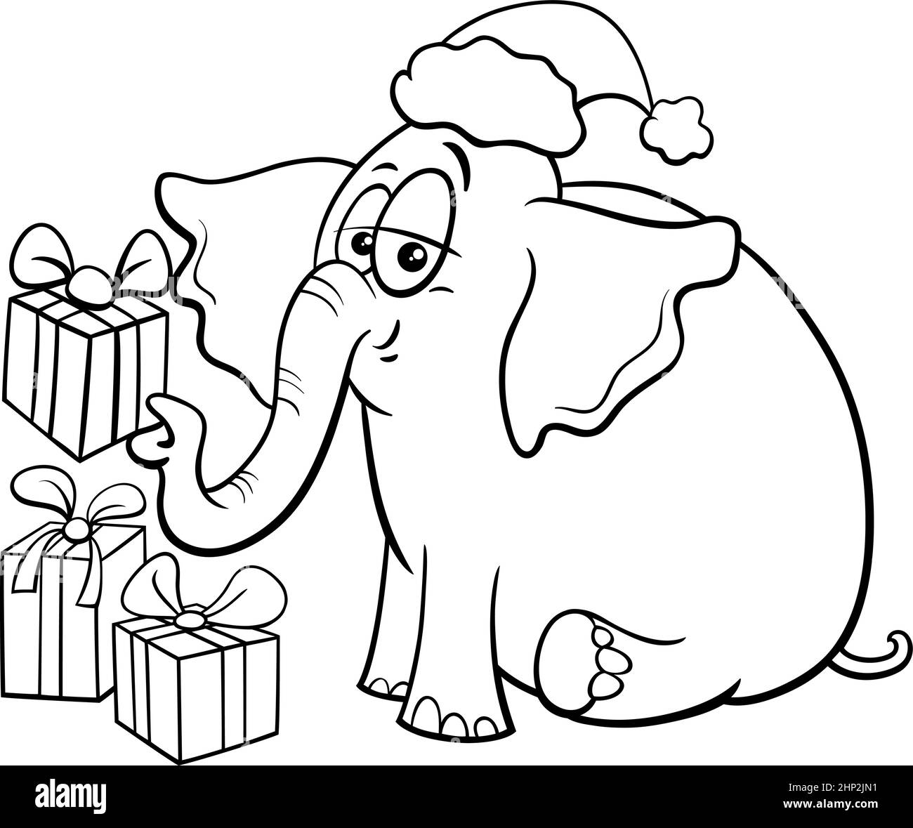 Cartoon elefante sul tempo di Natale colorare pagina del libro Illustrazione Vettoriale