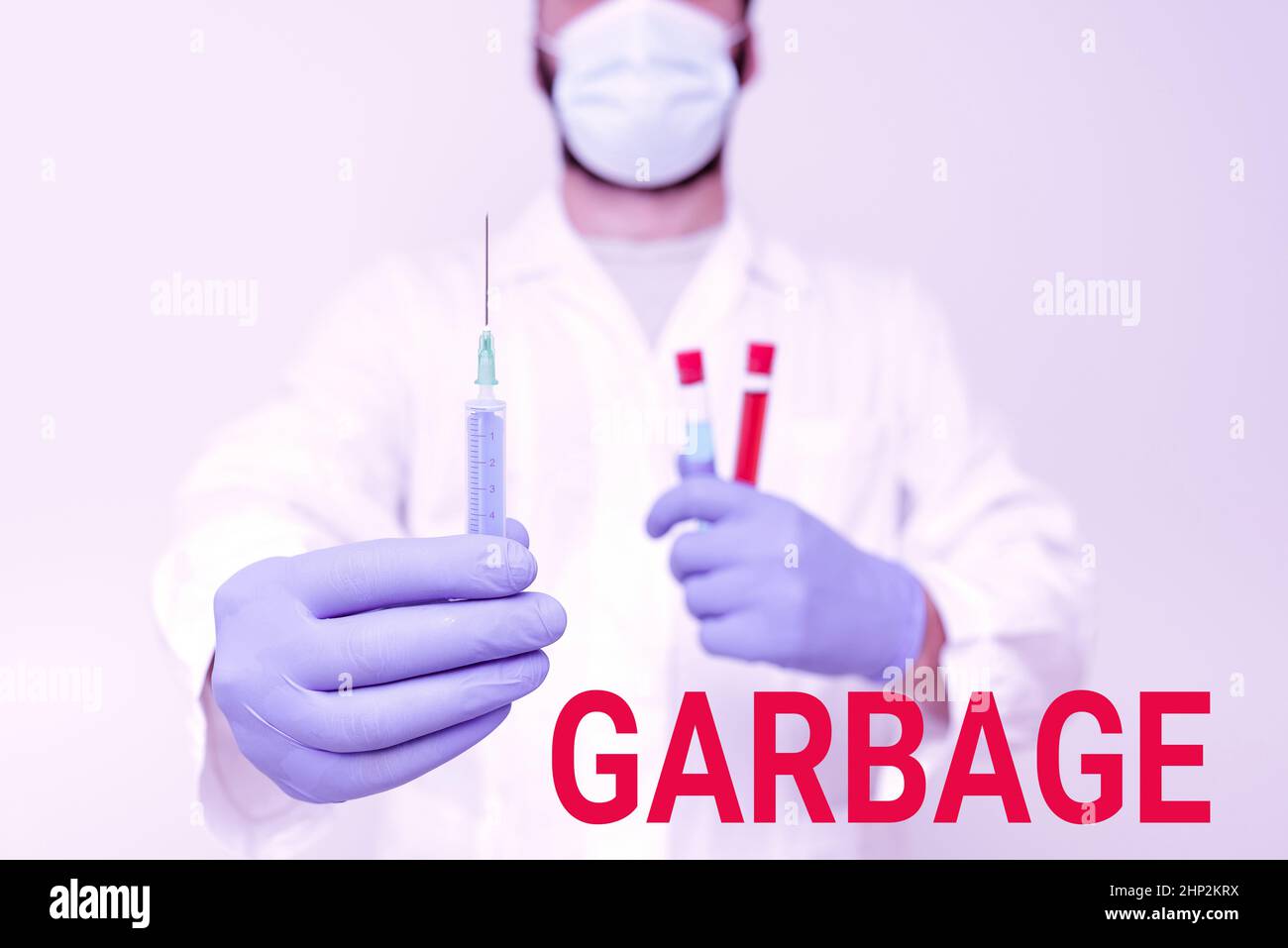 Esposizione concettuale spazzatura, Business vetrina rifiuti di materiale o cose indesiderate che si gettano via rifiuti Chemist spiega programma di vaccinazione, Viru Foto Stock