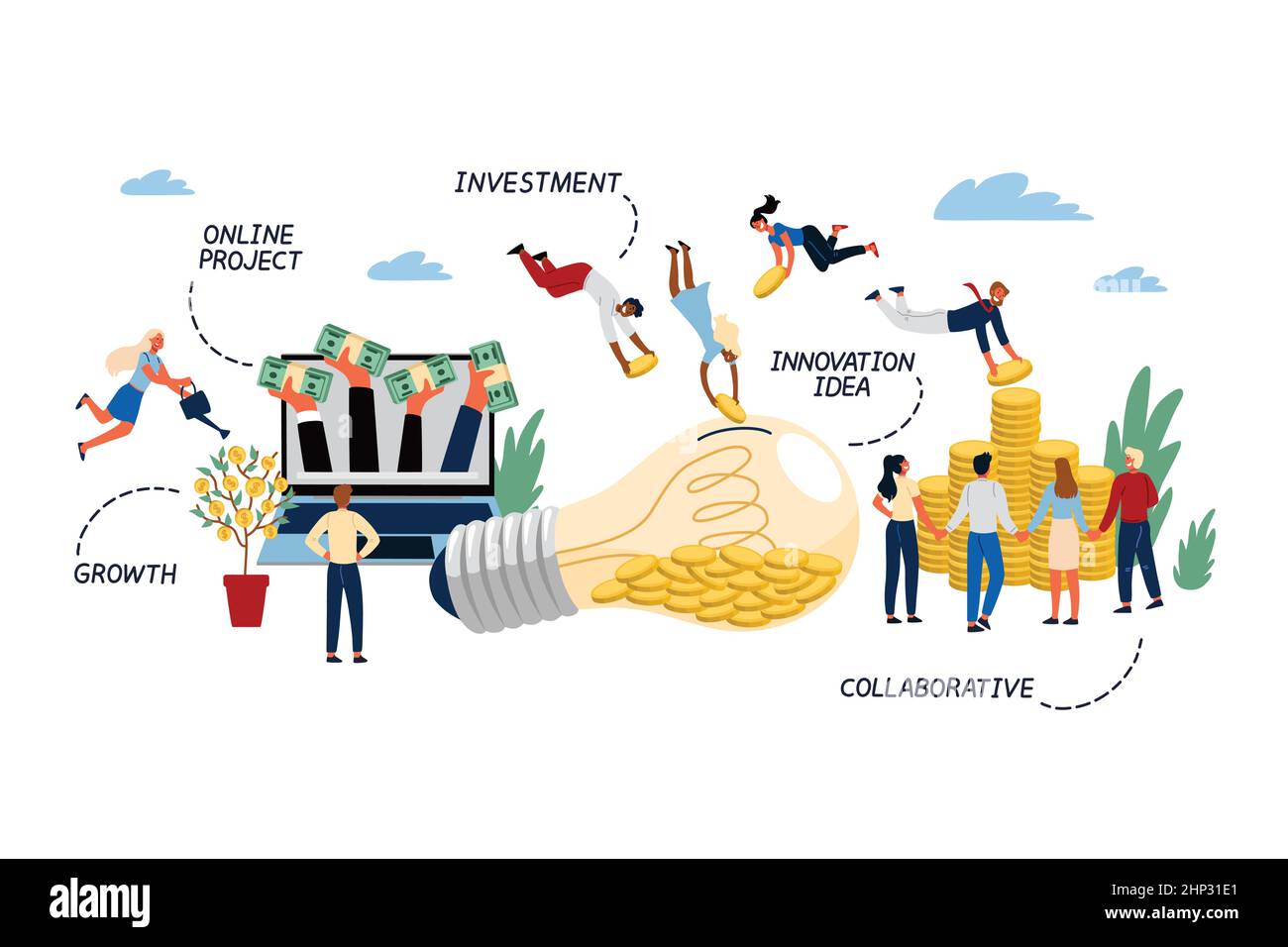 Concetto aziendale di Crowdfunding, investimento, innovazione. Illustrazione Vettoriale