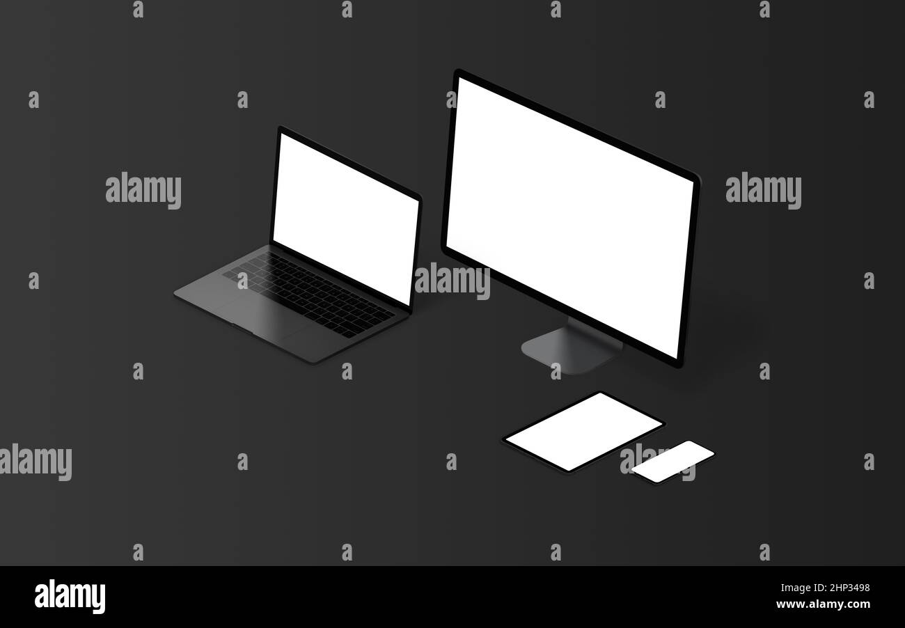 Nero, display per computer con scarsa illuminazione, laptop, tablet e smartphone posizione isometrica. Schermo isolato in bianco per la promozione di pagine Web o app design Foto Stock