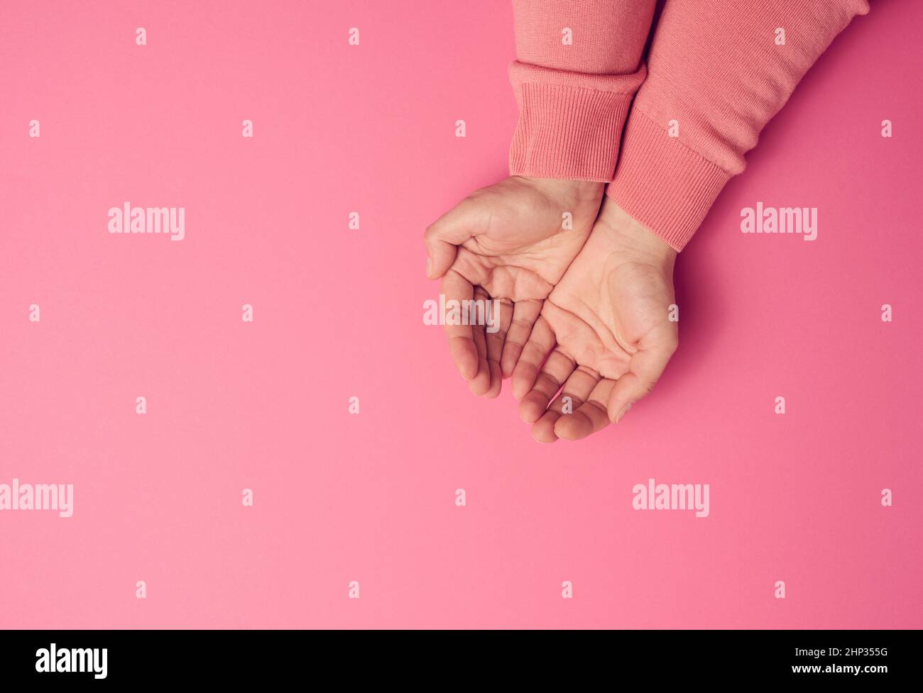 due mani femminili ripiegate da palmo a palmo su sfondo rosa, vista dall'alto Foto Stock