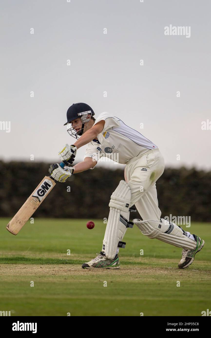 Primo piano di un battitore di cricket che gioca in avanti per una consegna e che guida la palla al di fuori del campo durante una partita di cricket villaggio. Foto Stock