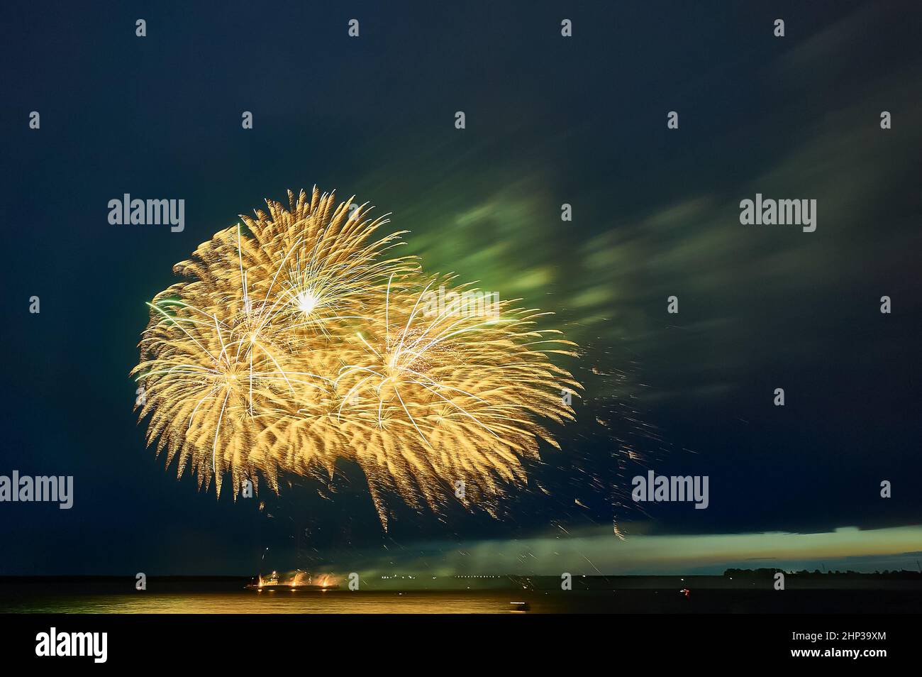 Fuochi d'artificio colorati sullo sfondo del cielo nero. Foto di alta qualità Foto Stock