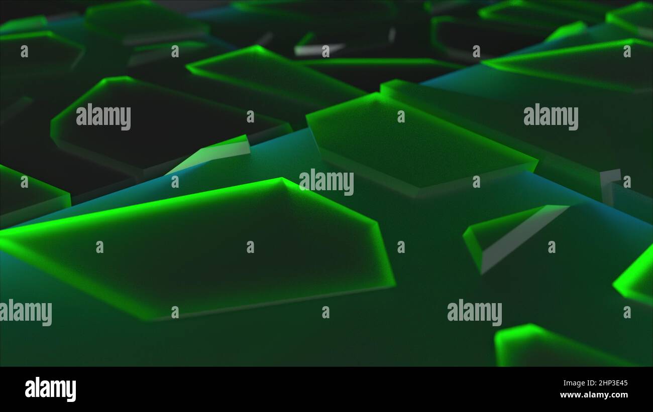 I frattali di vetro galleggiano lentamente sul rendering 3D della superficie techno. Frammenti di ghiaccio futuristico con tecnologia geometrica struttura di texture sparse in s. Foto Stock