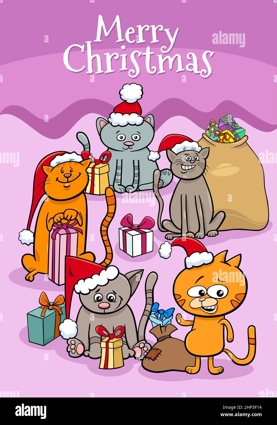 Design o cartoncino con gattini cartoni animati nel periodo di Natale Illustrazione Vettoriale