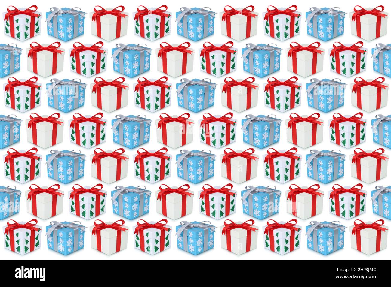 Regali di Natale scatola regalo sfondo presente molti presenta isolato sulla decorazione bianca Foto Stock