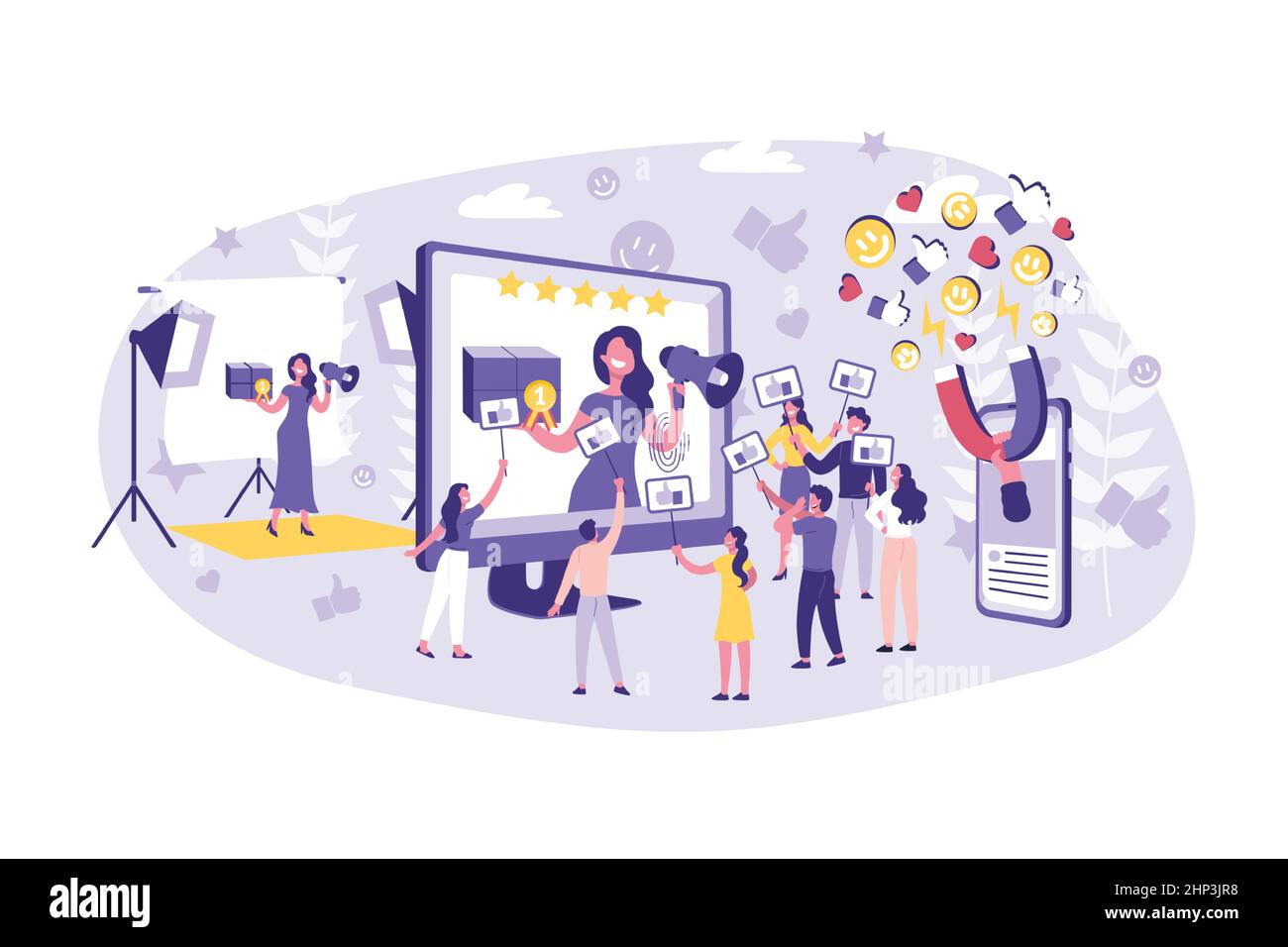 Business Concept Blogging, Vlog, Pubblicità, Marketing. Lavoro di squadra uomini d'affari e Celebrity avanzamento del soddisfare insieme Illustrazione Vettoriale