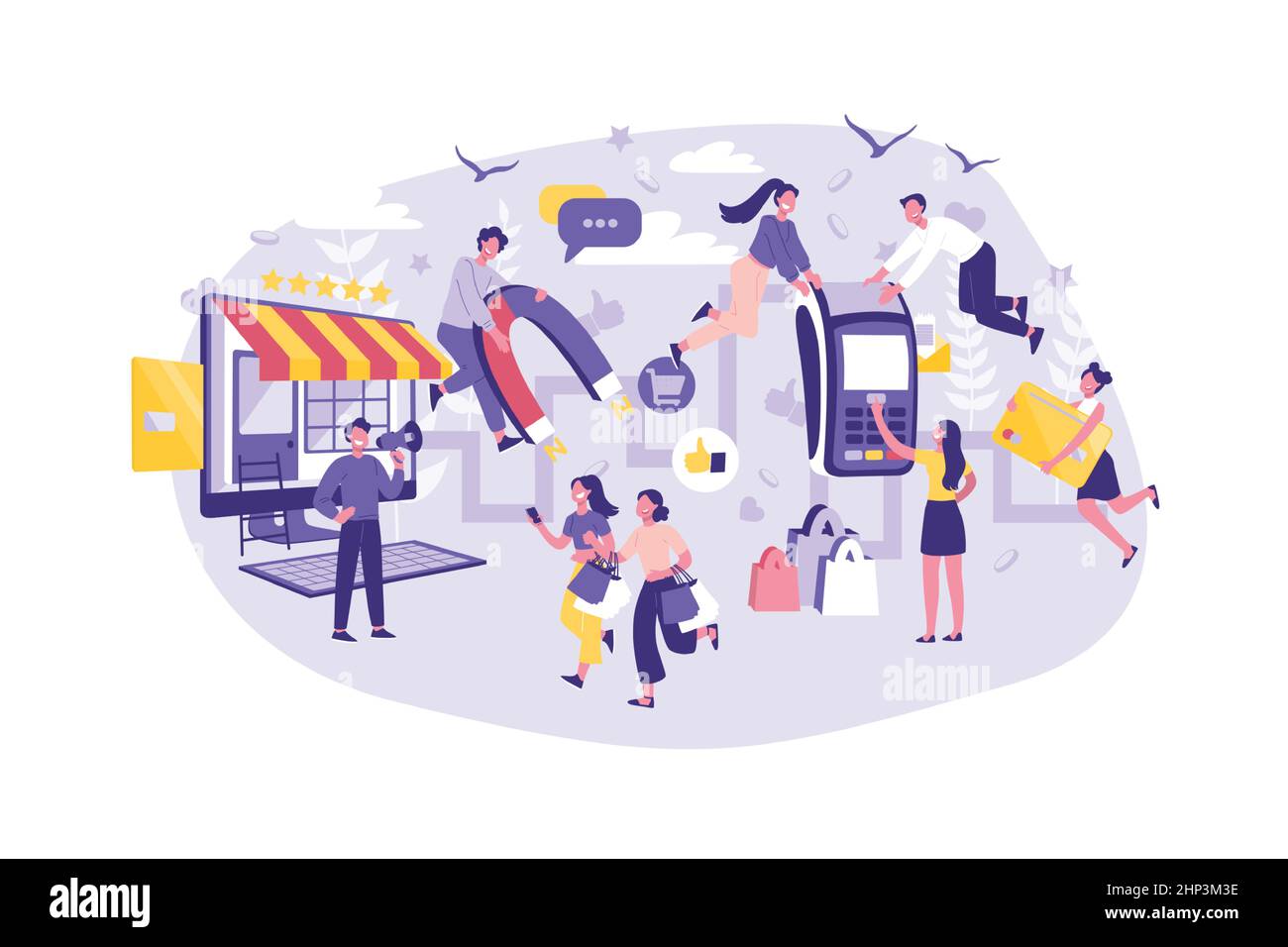 Concetto di business viaggio del cliente, pianificazione, supporto e pubblicità. I Group Manager migliorano il livello di servizio. Lavoro di squadra di uomini d'affari e turisti Illustrazione Vettoriale