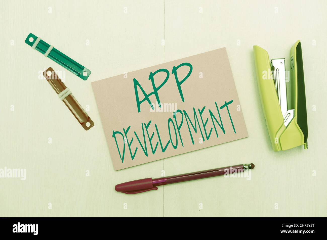 Sign visualizzazione App Development, Word per la produzione di software per computer con uno scopo specializzato flashy School Office Supplies, formazione scolastica Coll Foto Stock