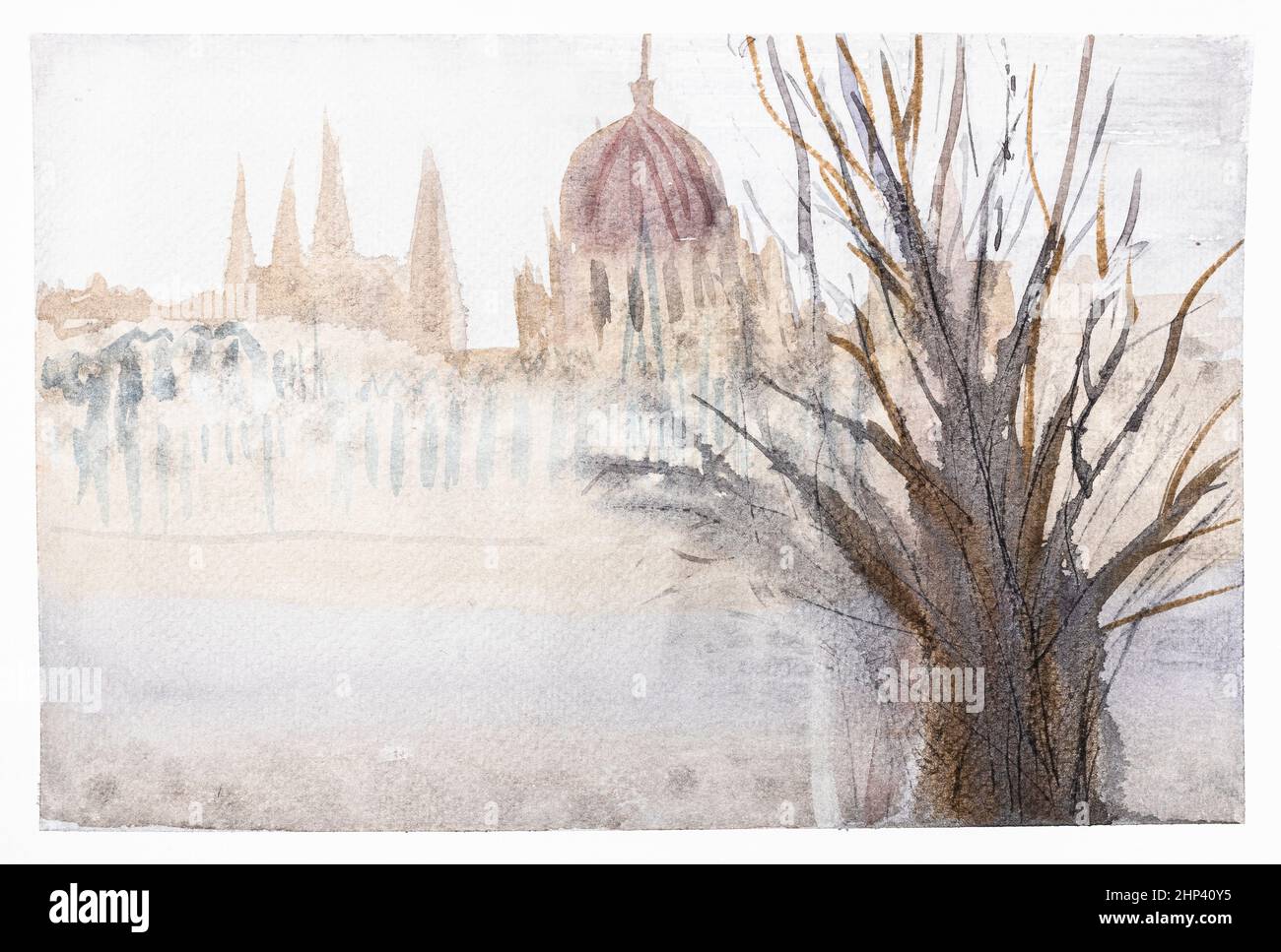 Vista dell'edificio del Parlamento Ungherese nella torbida mattina d'inverno disegnata a mano da acquerelli su carta bianca Foto Stock