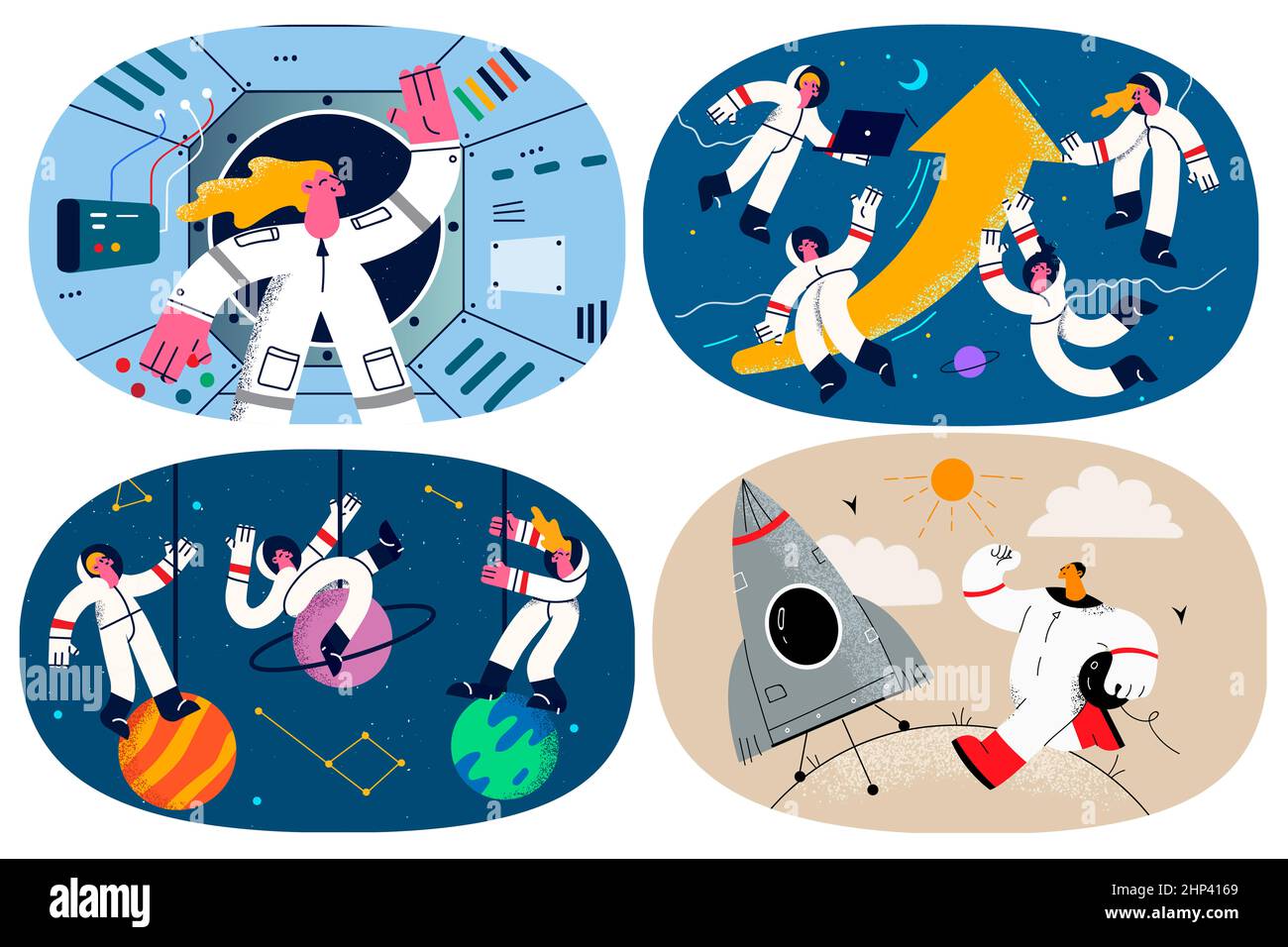 Set di spaceman in costumi di lavoro sulla navicella spaziale scoprire cosmo o universo. Fascio di astronauti sul satellite esplorare nuovi orizzonti, impegnati nella ricerca Foto Stock