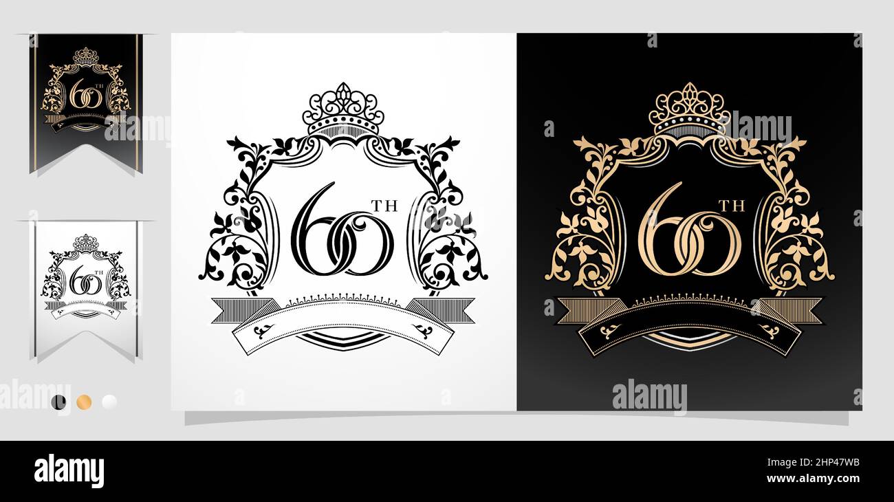 illustrazione del simbolo del 60th° anniversario con emblemi del design della corona reale, due varianti di colore oro e bianco e nero, sfondi isolati in bianco e nero. applicabile per biglietti d'auguri, inviti, ecc. Illustrazione Vettoriale