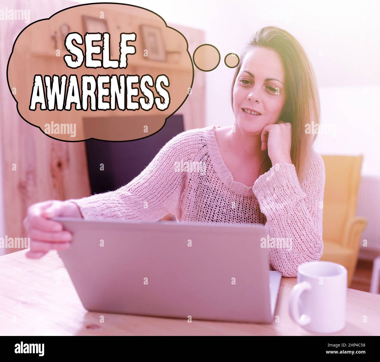 Scrittura visualizzazione del testo consapevolezza di sé, idea di business coscienza di una persona verso una situazione o eventi navigare e chattare in Social Medi Foto Stock