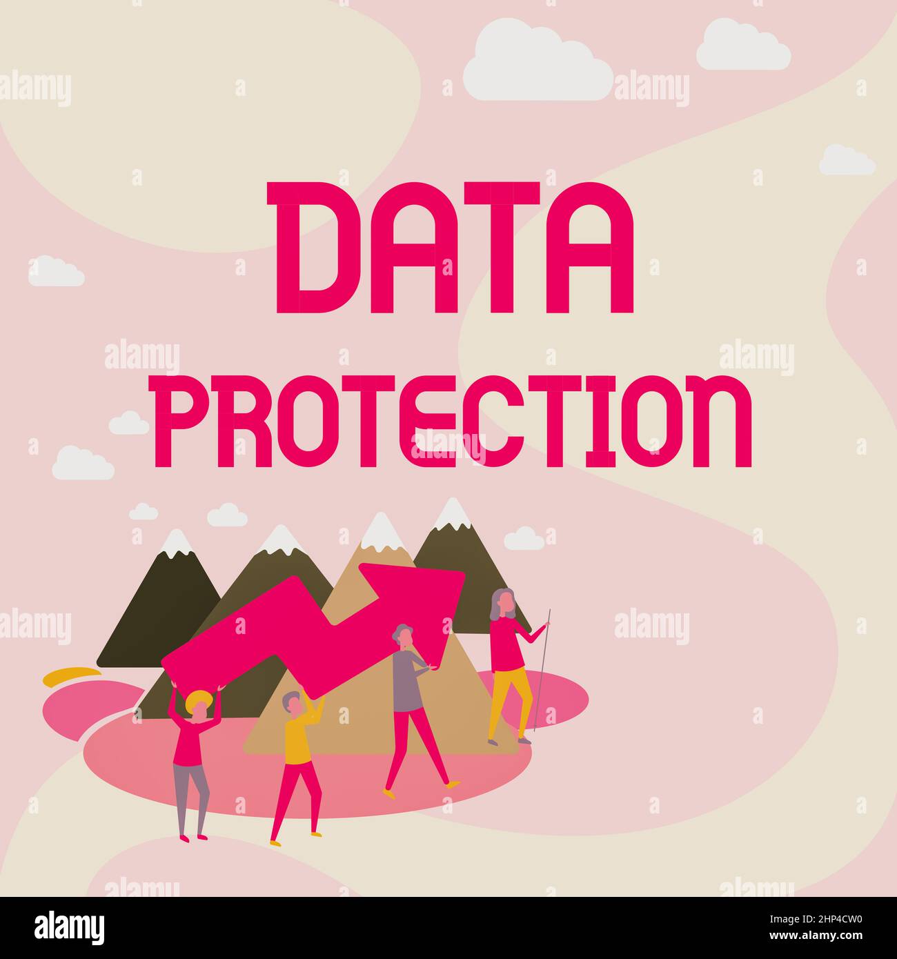 Testo della scrittura protezione dei dati, Word per proteggere gli indirizzi IP e i dati personali da software dannoso quattro colleghi Illustrazione Climbing Mountain Foto Stock