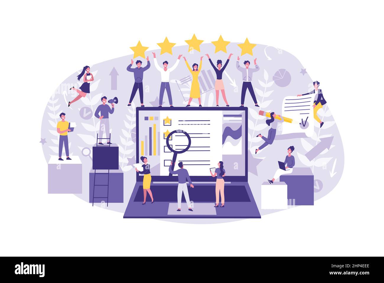 Valutazioni dei concetti aziendali Leadership, Ricerca, analisi. Grande gruppo ben coordinato di impiegati esegue il loro lavoro, prova, contratto firmato. Lavoro di squadra di uomini d'affari all'Ufficio Illustrazione Vettoriale