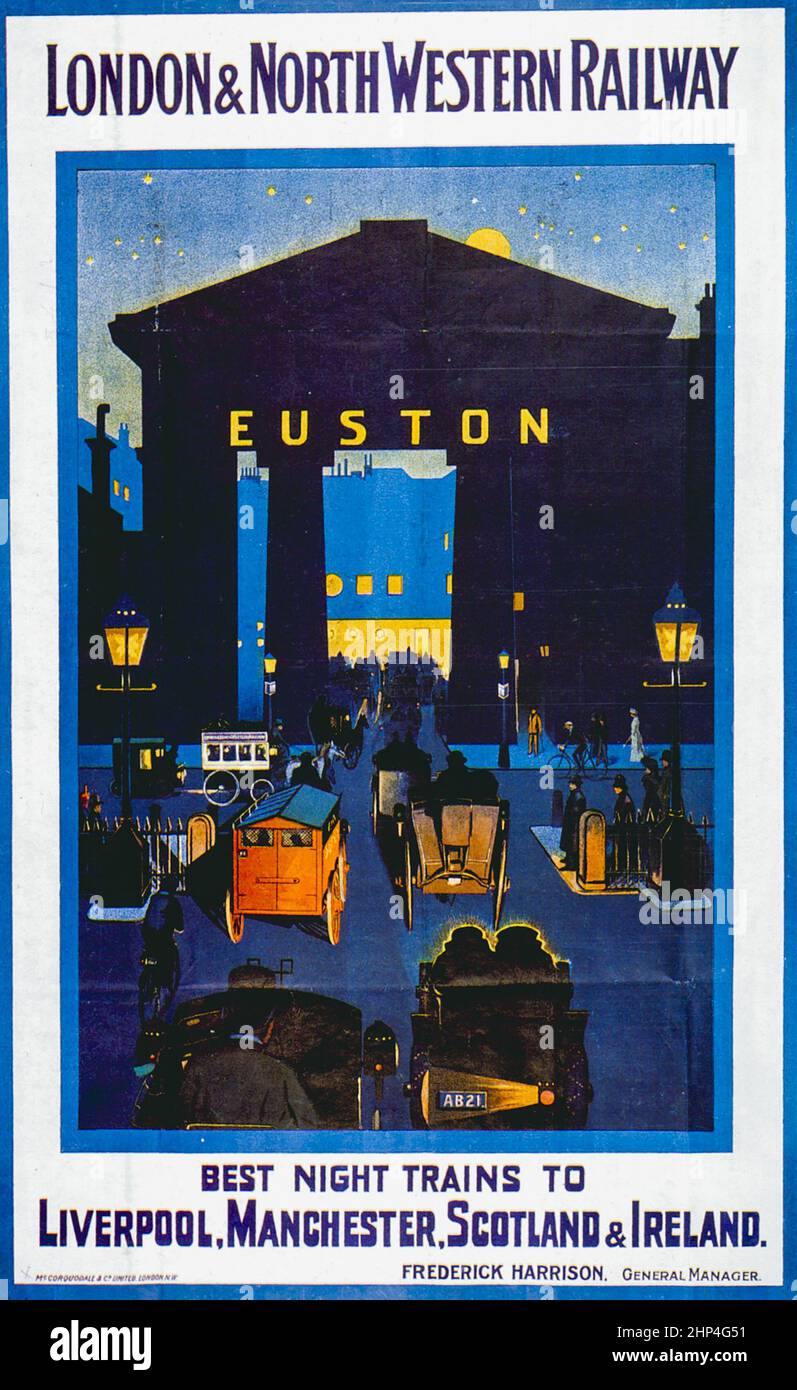Stazione Vintage di Euston treni notturni di Londra poster di viaggio ferroviario. REGNO UNITO Foto Stock