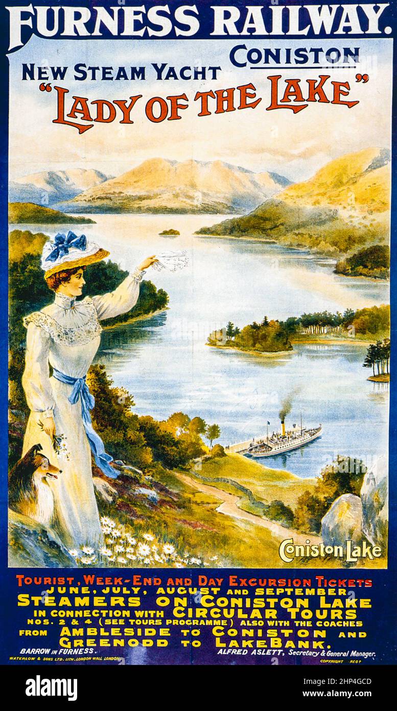 Vintage Furness, Coniston, Lady of the Lake, poster di viaggio ferroviario. REGNO UNITO Foto Stock