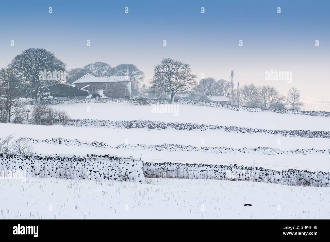 Freddo, giorno nevoso in fine caduto vicino Ravenstonedale, l'alta Valle dell'Eden, Cumbria, Regno Unito. Foto Stock